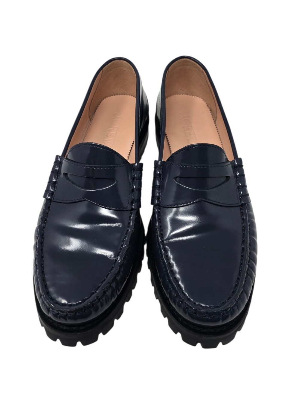 NEW J Crew Winona Lug Sole Penny Loafers Shiny Navy Blue Spazzolato Leather 7
